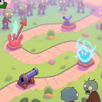 自动生成图片: Top-down view of a vibrant mobile game battlefield in Zombies vs Finger style, showing a winding path with various defensive towers (arrow, cannon, magic) strategically placed at bends, against a horde of cartoon zombies, soft pastel color scheme high quality illustration, detailed, 16:9