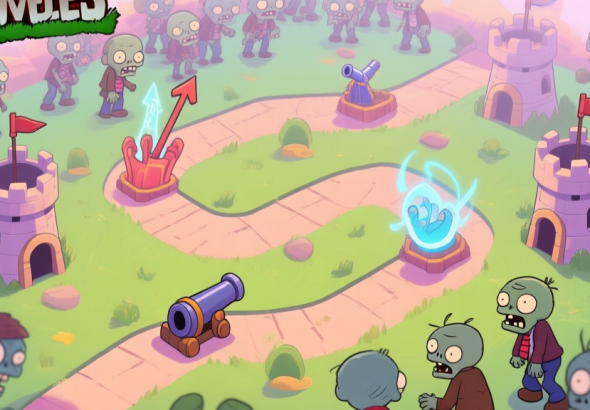 自动生成图片: Top-down view of a vibrant mobile game battlefield in Zombies vs Finger style, showing a winding path with various defensive towers (arrow, cannon, magic) strategically placed at bends, against a horde of cartoon zombies, soft pastel color scheme high quality illustration, detailed, 16:9