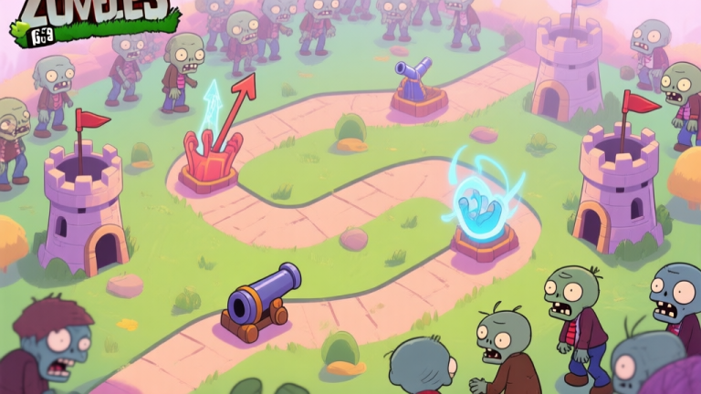 自动生成图片: Top-down view of a vibrant mobile game battlefield in Zombies vs Finger style, showing a winding path with various defensive towers (arrow, cannon, magic) strategically placed at bends, against a horde of cartoon zombies, soft pastel color scheme high quality illustration, detailed, 16:9