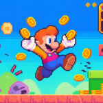 自动生成图片: A vibrant, stylized 2D game screenshot of "Super Oscar" showing the main character mid-air, collecting coins and dodging obstacles, with a high-score counter prominently displayed in the top-right corner, in a colorful pixel art style high quality illustration, detailed, 16:9