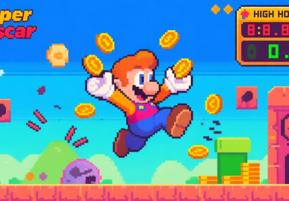 自动生成图片: A vibrant, stylized 2D game screenshot of "Super Oscar" showing the main character mid-air, collecting coins and dodging obstacles, with a high-score counter prominently displayed in the top-right corner, in a colorful pixel art style high quality illustration, detailed, 16:9