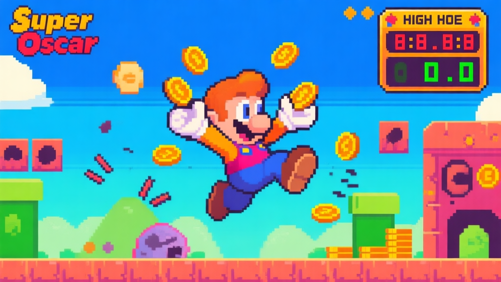 A vibrant, stylized 2D game screenshot of "Super Oscar" showing the main character mid-air, collecting coins and dodging obstacles, with a high-score counter prominently displayed in the top-right corner, in a colorful pixel art style high quality illustration, detailed, 16:9