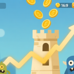 自动生成图片: A minimalist game UI overlay showing gold coins flowing from defeated cartoon monsters into a tower, with upward trend arrows and critical breakpoint numbers highlighted, soft gold and blue color scheme, flat design high quality illustration, detailed, 16:9