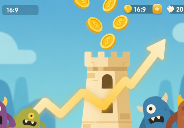 自动生成图片: A minimalist game UI overlay showing gold coins flowing from defeated cartoon monsters into a tower, with upward trend arrows and critical breakpoint numbers highlighted, soft gold and blue color scheme, flat design high quality illustration, detailed, 16:9