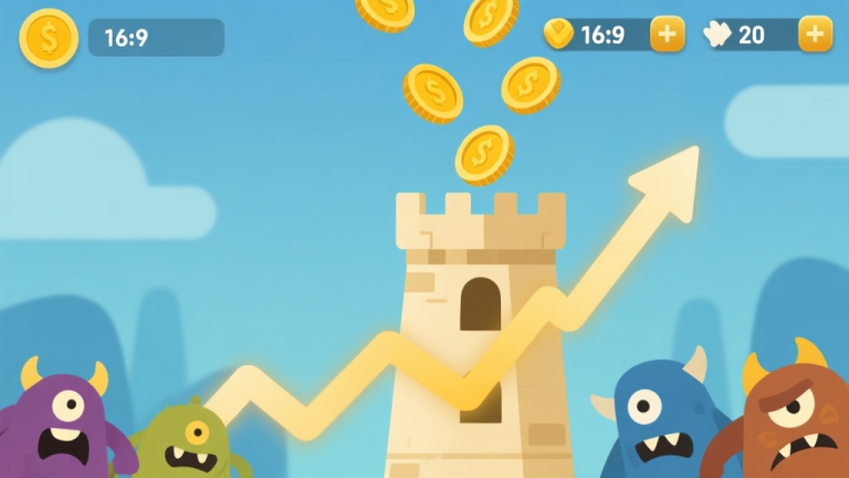 自动生成图片: A minimalist game UI overlay showing gold coins flowing from defeated cartoon monsters into a tower, with upward trend arrows and critical breakpoint numbers highlighted, soft gold and blue color scheme, flat design high quality illustration, detailed, 16:9