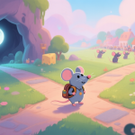自动生成图片: A whimsical, painterly 2D game scene showing a cute mouse character with a backpack standing at a crossroads in a vibrant, cheese-themed landscape. One path leads to a glowing moonlit cave, another to a bustling mouse village, soft pastel color scheme, dreamlike atmosphere high quality illustration, detailed, 16:9