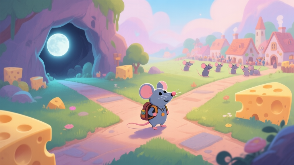 A whimsical, painterly 2D game scene showing a cute mouse character with a backpack standing at a crossroads in a vibrant, cheese-themed landscape. One path leads to a glowing moonlit cave, another to a bustling mouse village, soft pastel color scheme, dreamlike atmosphere high quality illustration, detailed, 16:9