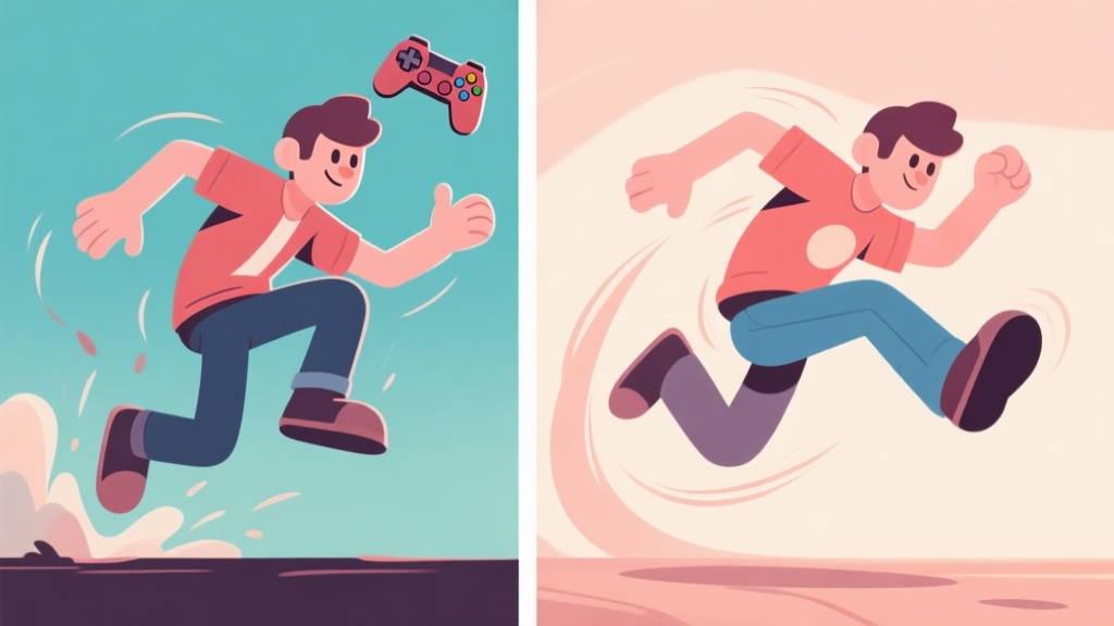Side-by-side comparison of a standard video game character landing stiffly versus the same character performing a smooth rolling jump, stylized vector art with soft colors, highlighting the fluid motion high quality illustration, detailed, 16:9