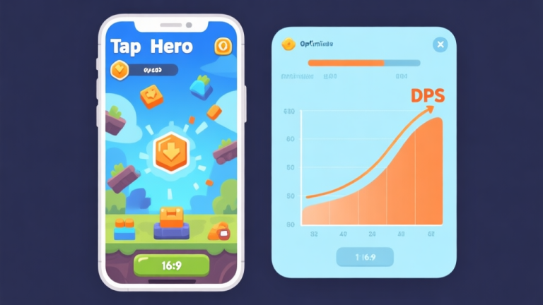 自动生成图片: A split-screen mobile game interface showing a Tap Hero-like screen on one side with chaotic upgrades, and a clean, optimized progression chart with rising DPS curve on the other, in a flat illustration style with soft blues and oranges high quality illustration, detailed, 16:9