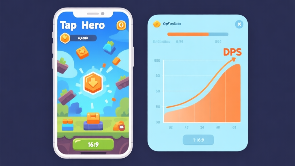 A split-screen mobile game interface showing a Tap Hero-like screen on one side with chaotic upgrades, and a clean, optimized progression chart with rising DPS curve on the other, in a flat illustration style with soft blues and oranges high quality illustration, detailed, 16:9