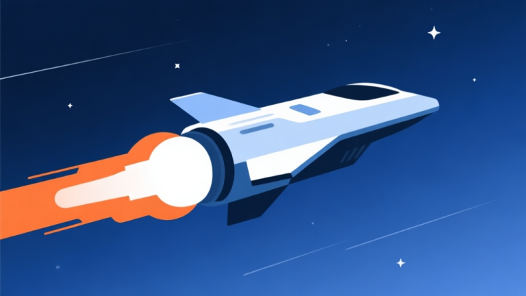 自动生成图片: A stylized, minimalist illustration of a sleek spaceship in a dark blue cosmos, emitting a controlled burst of orange and white energy from its rear thrusters, pushing it forward. Soft gradient background with stars, clean lines, no text high quality illustration, detailed, 16:9