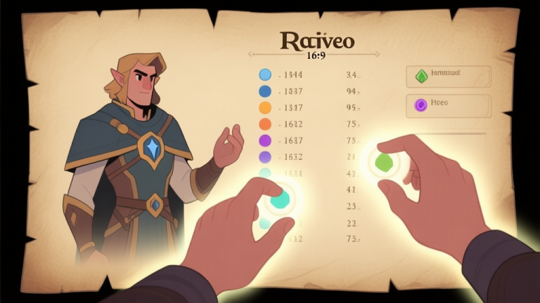 自动生成图片: A stylized character sheet for a fantasy RPG hero, showing ambiguous stats that are being reconfigured by player hands, soft glow effects on key attributes, minimalist design with parchment-like background high quality illustration, detailed, 16:9