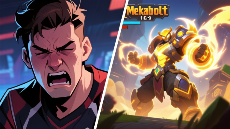 自动生成图片: A dynamic split-screen image showing a player's frustrated face on one side, and a victorious in-game scene with Mekabolt's character glowing with energy on the other, in a stylized game art style high quality illustration, detailed, 16:9