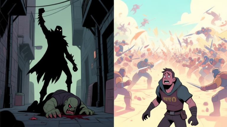 自动生成图片: A stylized, split-screen illustration showing two contrasting scenes. Left side: a lone, shadowy rogue-like character (Mutiny) standing triumphantly over a single defeated boss in a dark alley, muted colors. Right side: the same character looking overwhelmed and out of place in a bright, chaotic large-scale team battle with many allies and enemies, soft color palette. high quality illustration, detailed, 16:9
