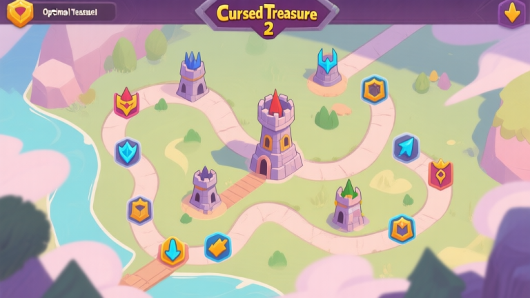 自动生成图片: A top-down view of a Cursed Treasure 2 map, showing optimal tower placement near winding paths, with icons for different tower types and upgrade paths, in a soft pastel color scheme high quality illustration, detailed, 16:9