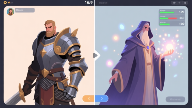 自动生成图片: A split-screen illustration showing a video game character transforming from a warrior in heavy armor to a mage in robes, with glowing particles and a simple interface overlay showing stats changing, soft color palette high quality illustration, detailed, 16:9