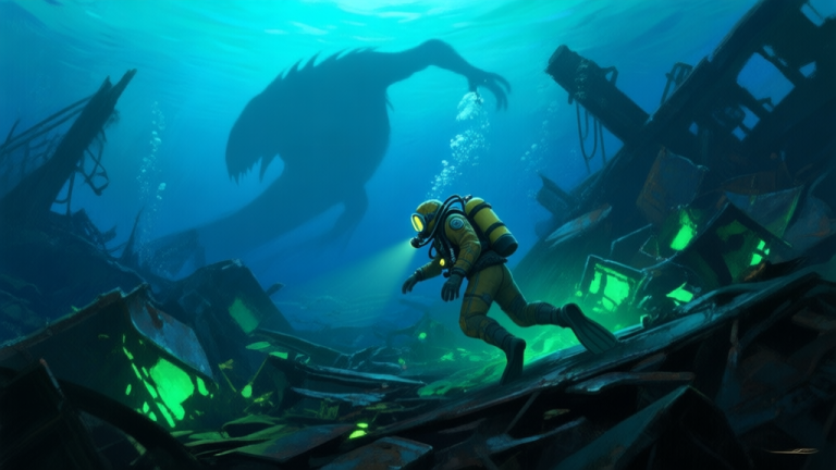 自动生成图片: A deep ocean scene in a video game, showing a diver in a detailed suit navigating through a wreckage filled with glowing scrap metal, with a large shadowy creature in the distant background, soft blue and green lighting, painterly style high quality illustration, detailed, 16:9