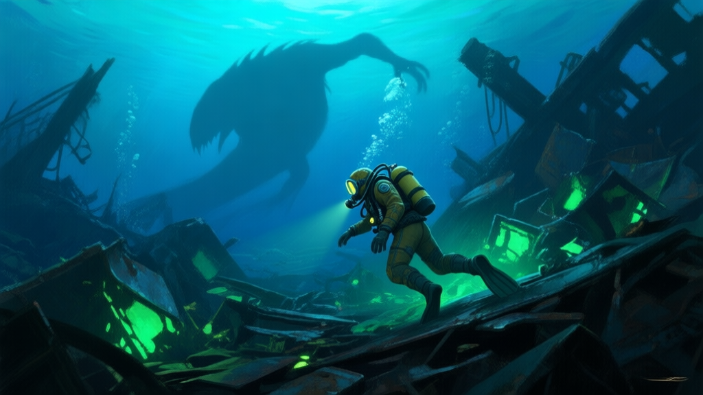 A deep ocean scene in a video game, showing a diver in a detailed suit navigating through a wreckage filled with glowing scrap metal, with a large shadowy creature in the distant background, soft blue and green lighting, painterly style high quality illustration, detailed, 16:9