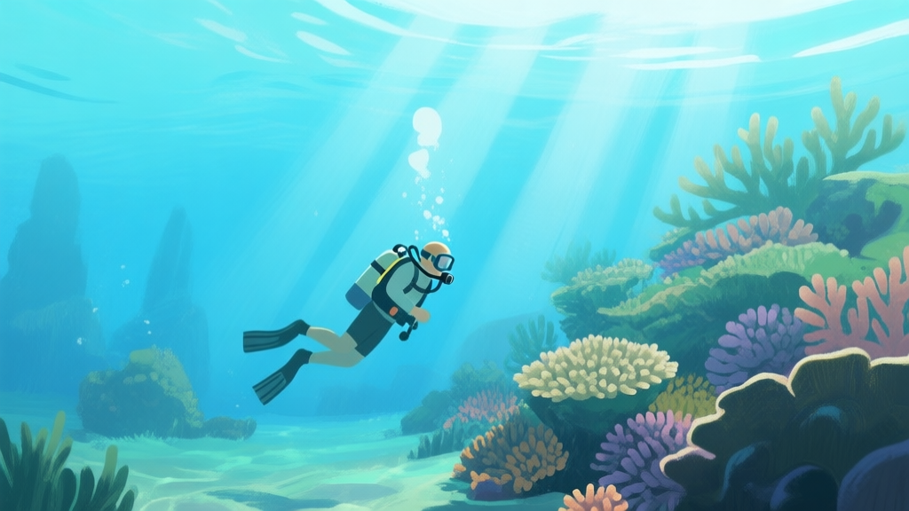 A serene underwater scene in a video game, showing a diver in simple gear near a coral reef, with sun rays filtering through the water, soft blue and green color palette, painterly style high quality illustration, detailed, 16:9