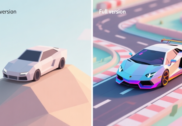 自动生成图片: A split-screen comparison showing a minimalist, low-poly car on a simple hill on one side (Lite version), and a detailed, upgraded car with vibrant effects on a complex track on the other (Full version), soft pastel color palette high quality illustration, detailed, 16:9
