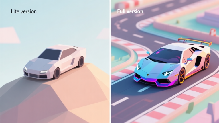 自动生成图片: A split-screen comparison showing a minimalist, low-poly car on a simple hill on one side (Lite version), and a detailed, upgraded car with vibrant effects on a complex track on the other (Full version), soft pastel color palette high quality illustration, detailed, 16:9