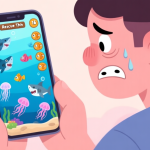 自动生成图片: A frustrated player looking at a smartphone screen showing a tricky Rescue The Fish level with multiple sharks and jellyfish, soft pastel color palette, cartoon illustration style high quality illustration, detailed, 16:9
