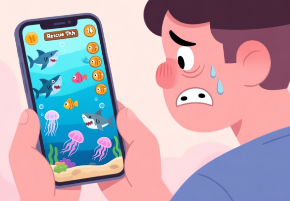 自动生成图片: A frustrated player looking at a smartphone screen showing a tricky Rescue The Fish level with multiple sharks and jellyfish, soft pastel color palette, cartoon illustration style high quality illustration, detailed, 16:9