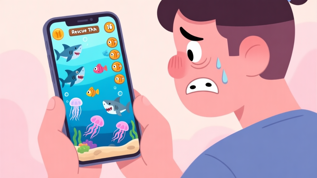 A frustrated player looking at a smartphone screen showing a tricky Rescue The Fish level with multiple sharks and jellyfish, soft pastel color palette, cartoon illustration style high quality illustration, detailed, 16:9