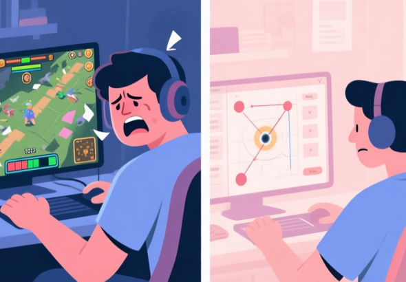 自动生成图片: A split-screen illustration showing a frustrated player on the left with a messy game screen, and a calm, focused player on the right with a neatly organized spotting strategy, using a soft pastel color palette high quality illustration, detailed, 16:9