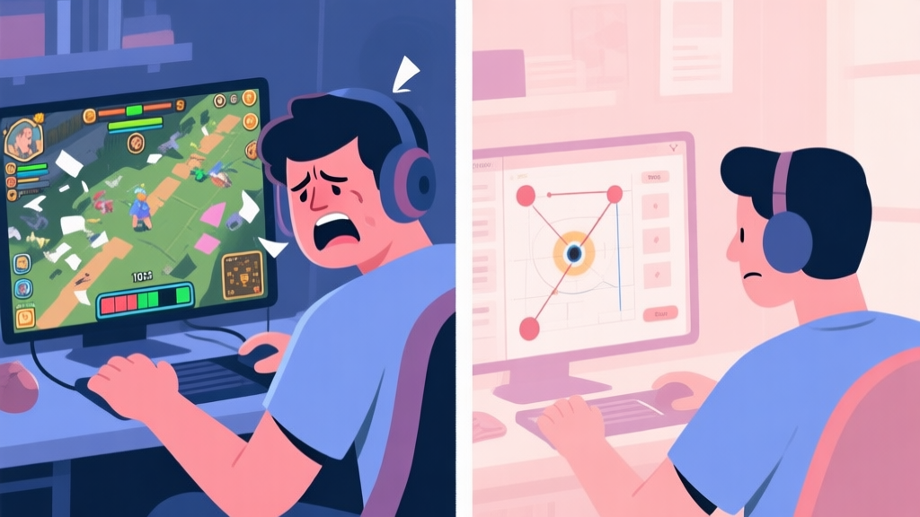 A split-screen illustration showing a frustrated player on the left with a messy game screen, and a calm, focused player on the right with a neatly organized spotting strategy, using a soft pastel color palette high quality illustration, detailed, 16:9