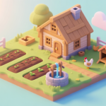 自动生成图片: A cozy, isometric view of a beginner's farm in Game of Farmers, showing a small wooden house, a few neatly plowed plots, a water well, and a chicken coop, under a soft morning sun, pastel color palette high quality illustration, detailed, 16:9