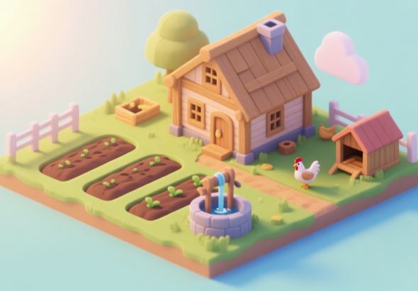 自动生成图片: A cozy, isometric view of a beginner's farm in Game of Farmers, showing a small wooden house, a few neatly plowed plots, a water well, and a chicken coop, under a soft morning sun, pastel color palette high quality illustration, detailed, 16:9