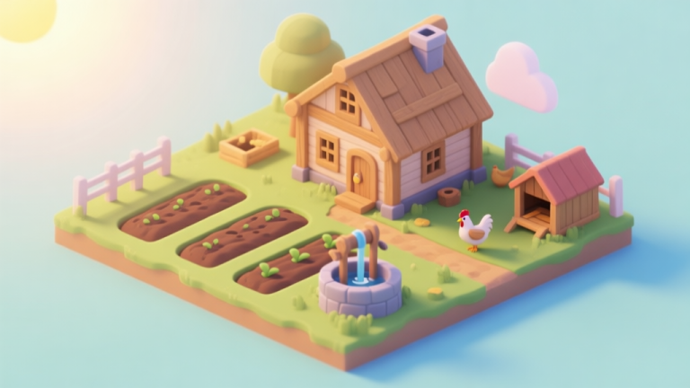 自动生成图片: A cozy, isometric view of a beginner's farm in Game of Farmers, showing a small wooden house, a few neatly plowed plots, a water well, and a chicken coop, under a soft morning sun, pastel color palette high quality illustration, detailed, 16:9