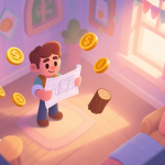 自动生成图片: A cozy, softly lit game scene from a top-down perspective, showing a partially decorated room with a character holding a blueprint, resource icons like coins and wood floating gently nearby, in a warm pastel color palette high quality illustration, detailed, 16:9