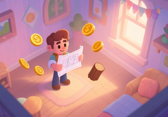 自动生成图片: A cozy, softly lit game scene from a top-down perspective, showing a partially decorated room with a character holding a blueprint, resource icons like coins and wood floating gently nearby, in a warm pastel color palette high quality illustration, detailed, 16:9