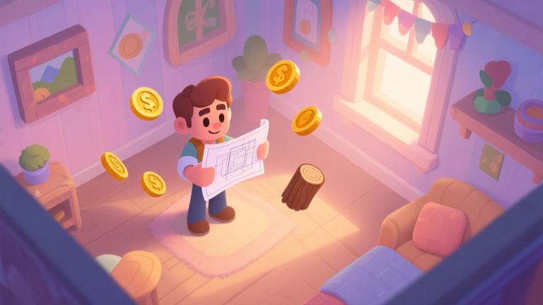 自动生成图片: A cozy, softly lit game scene from a top-down perspective, showing a partially decorated room with a character holding a blueprint, resource icons like coins and wood floating gently nearby, in a warm pastel color palette high quality illustration, detailed, 16:9