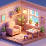 自动生成图片: A serene, isometric view of a cozy game house interior with warm lighting, a plush armchair by a virtual window, potted plants, and a simple crafting table, rendered in soft pastel colors and gentle shadows high quality illustration, detailed, 16:9