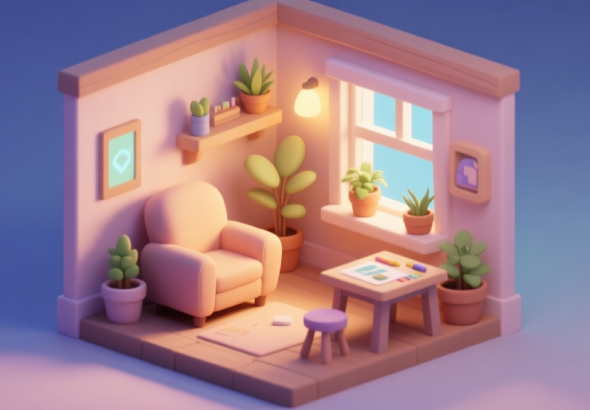 自动生成图片: A serene, isometric view of a cozy game house interior with warm lighting, a plush armchair by a virtual window, potted plants, and a simple crafting table, rendered in soft pastel colors and gentle shadows high quality illustration, detailed, 16:9