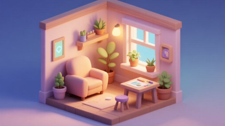 自动生成图片: A serene, isometric view of a cozy game house interior with warm lighting, a plush armchair by a virtual window, potted plants, and a simple crafting table, rendered in soft pastel colors and gentle shadows high quality illustration, detailed, 16:9