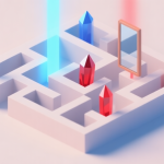 自动生成图片: A minimalist isometric view of a puzzle maze with light beams in blue and red, hitting crystals and mirrors, soft pastel color palette, clean lines, calm and focused atmosphere high quality illustration, detailed, 16:9