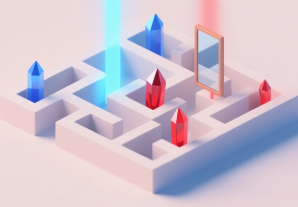 自动生成图片: A minimalist isometric view of a puzzle maze with light beams in blue and red, hitting crystals and mirrors, soft pastel color palette, clean lines, calm and focused atmosphere high quality illustration, detailed, 16:9