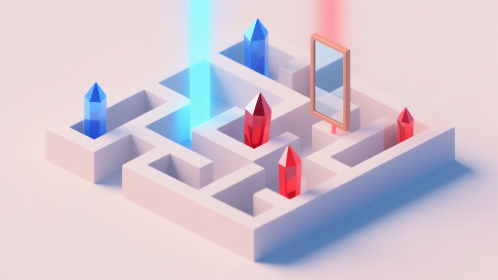 A minimalist isometric view of a puzzle maze with light beams in blue and red, hitting crystals and mirrors, soft pastel color palette, clean lines, calm and focused atmosphere high quality illustration, detailed, 16:9