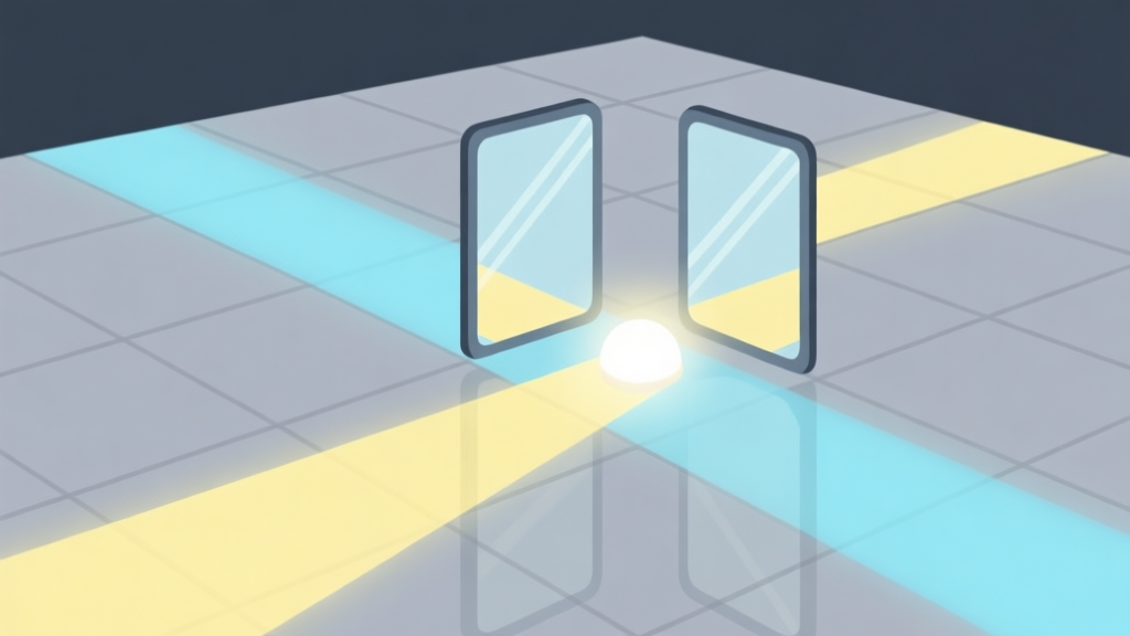 A serene, minimalist game scene showing a simple light reflection puzzle with mirrors and a light source on a soft grey grid, pastel blue and yellow light beams, clean lines, flat design style high quality illustration, detailed, 16:9