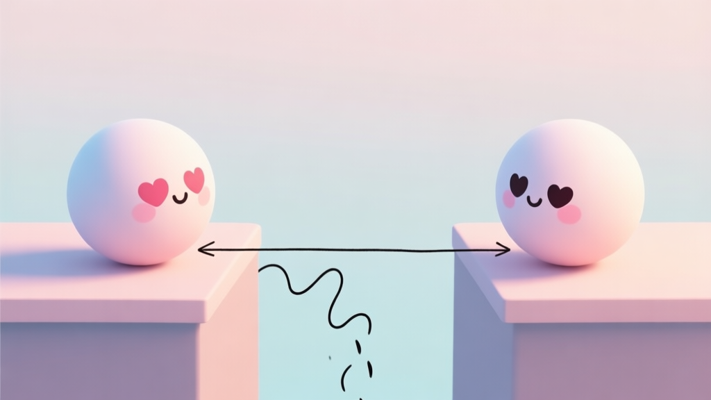 A minimalist game scene showing two cute balls with love-struck eyes on separate platforms, with a poorly drawn squiggly line causing them to fall, and a perfectly straight line with correct angles connecting them, soft pastel background high quality illustration, detailed, 16:9