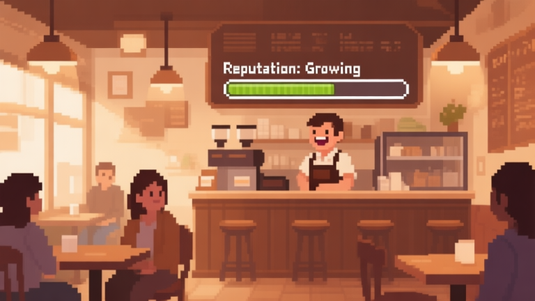 自动生成图片: A cozy, softly lit pixel-art cafe interior with a few customers, a smiling barista behind the counter, and a progress bar showing 'Reputation: Growing', in a warm color palette with gentle browns and creams high quality illustration, detailed, 16:9