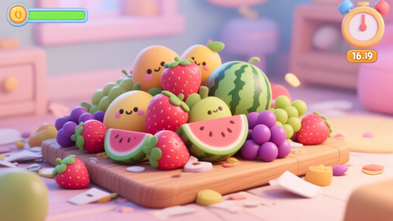 自动生成图片: A vibrant, cozy 3D game scene showing a messy pile of cute, stylized fruits like strawberries, watermelons, and grapes on a wooden board, with a timer counting down in the corner, soft pastel color palette high quality illustration, detailed, 16:9