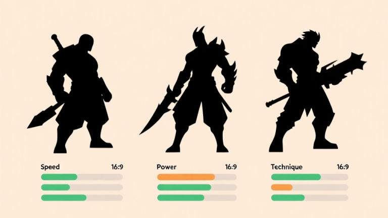 自动生成图片: A clean, minimalist comparison chart of three distinct video game character silhouettes with different stat bars like speed, power, and technique, on a soft beige background high quality illustration, detailed, 16:9
