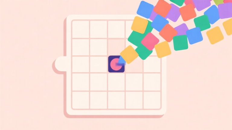 自动生成图片: A minimalist illustration of a connect puzzle game board, showing a single strategic swap triggering a colorful cascade of matches, with soft pastel colors and clean lines high quality illustration, detailed, 16:9