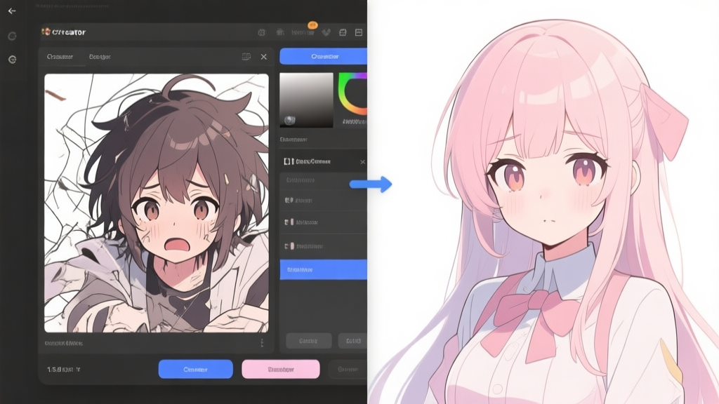 A split-screen illustration showing a messy, confused anime character creator interface on the left, and a sleek, beautifully designed anime avatar with cohesive style on the right, in soft pastel colors high quality illustration, detailed, 16:9