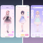 自动生成图片: Split-screen comparison of five distinct anime dress-up game interfaces, showing character customization screens with different art styles and UI layouts, soft pastel color palette, clean and modern illustration high quality illustration, detailed, 16:9